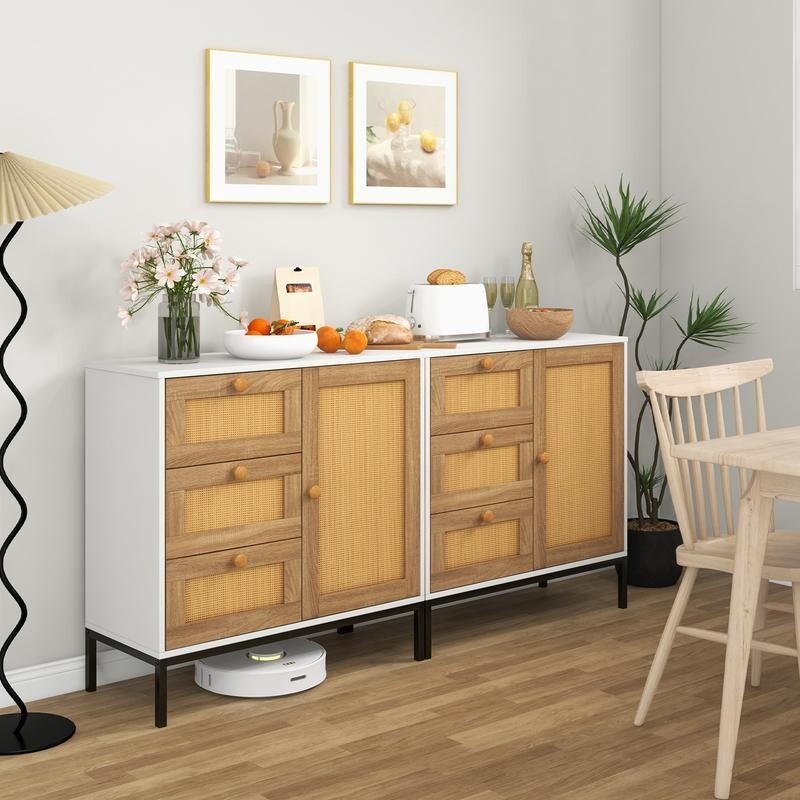 Rattan Sideboard Cabinet with Drawers & Door Boho Farmhouse Storage Unit