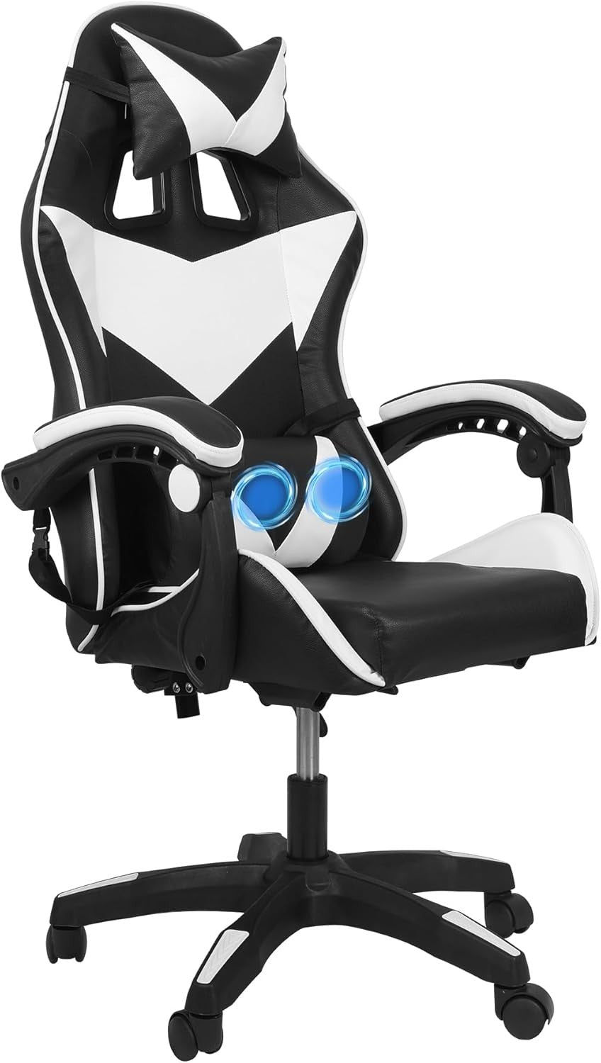 Gaming Chair Office Desk Computer Swivel with Massage Headrest Reclining (Black+