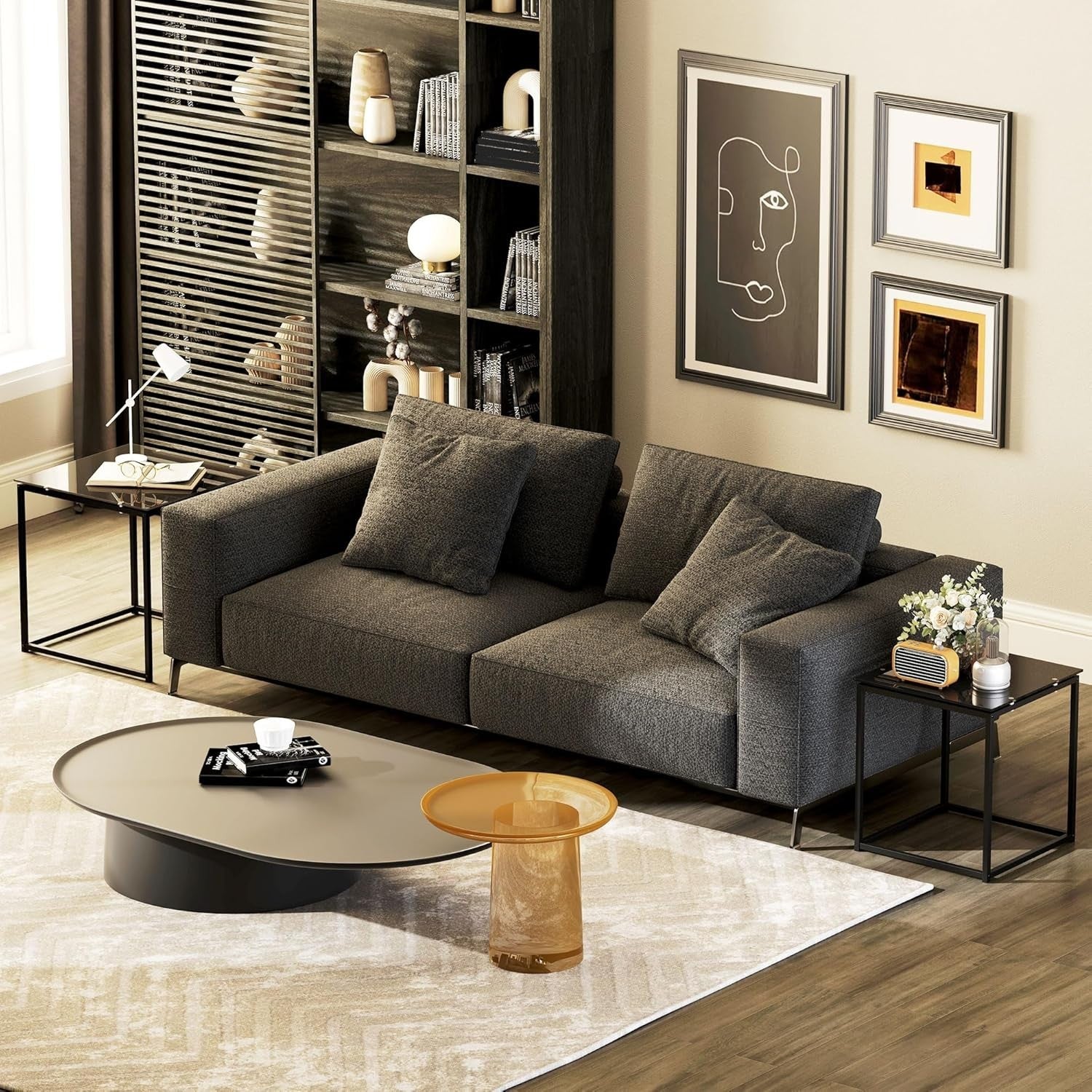 Nesting Coffee Table Set of 2 Black Tempered Glass Side End Tables Max 30KG