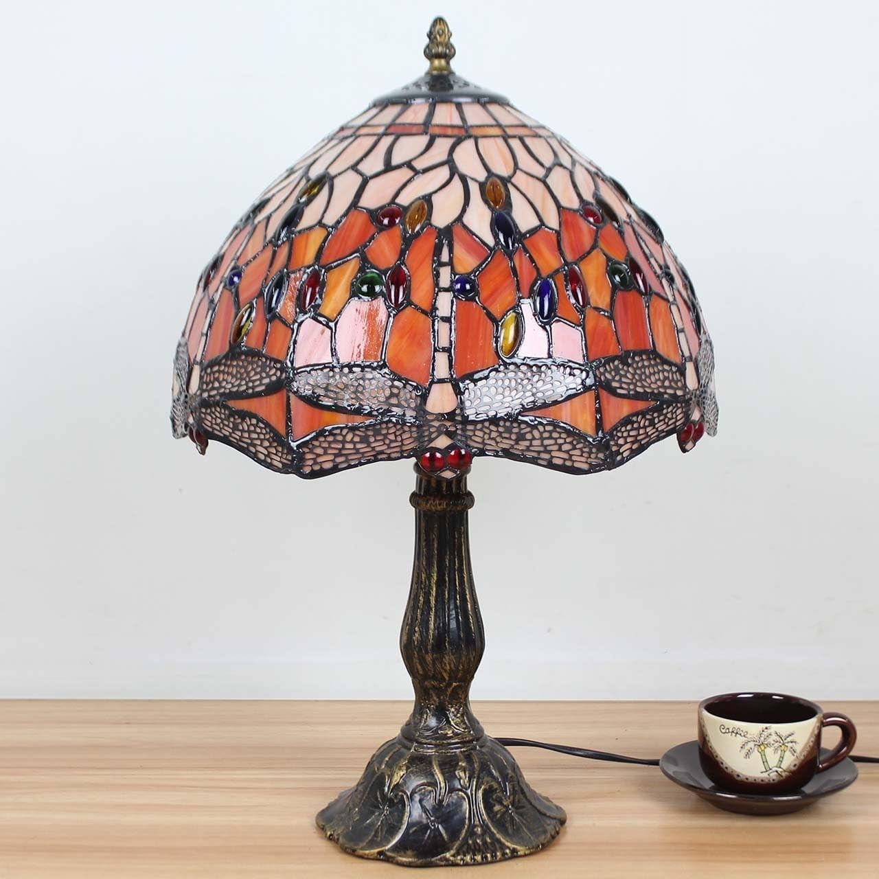 12 Inch Dragonfly Stained Glass Table Lamp with Zinc Base, 18" Tall