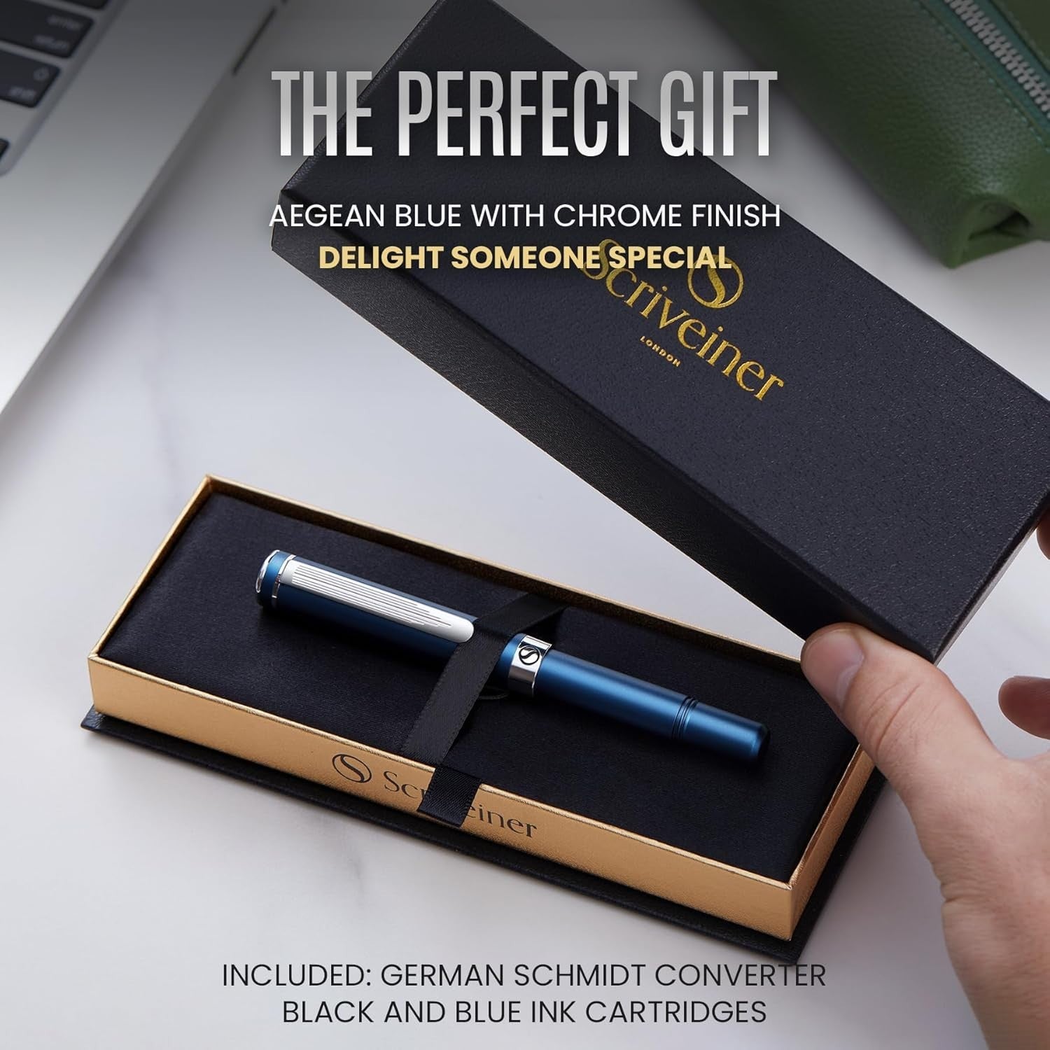 Luxury EDC Fountain Pen Medium Matt Blue Chrome Gift Box