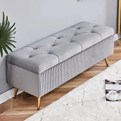 Modern Velvet Storage Bench Ottoman with Gold Legs - Storage Footrest Seating