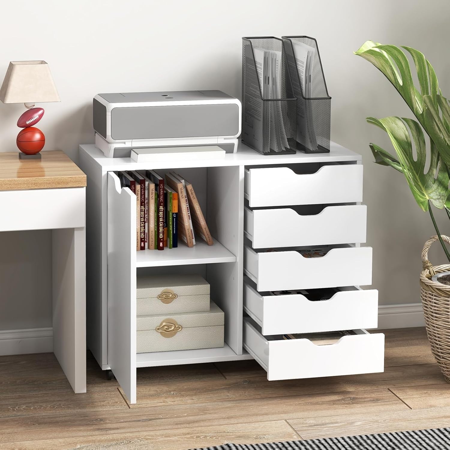 High Capacity Mobile File Cabinet w/ 5 Drawers Side Cupboard Lock Wheels