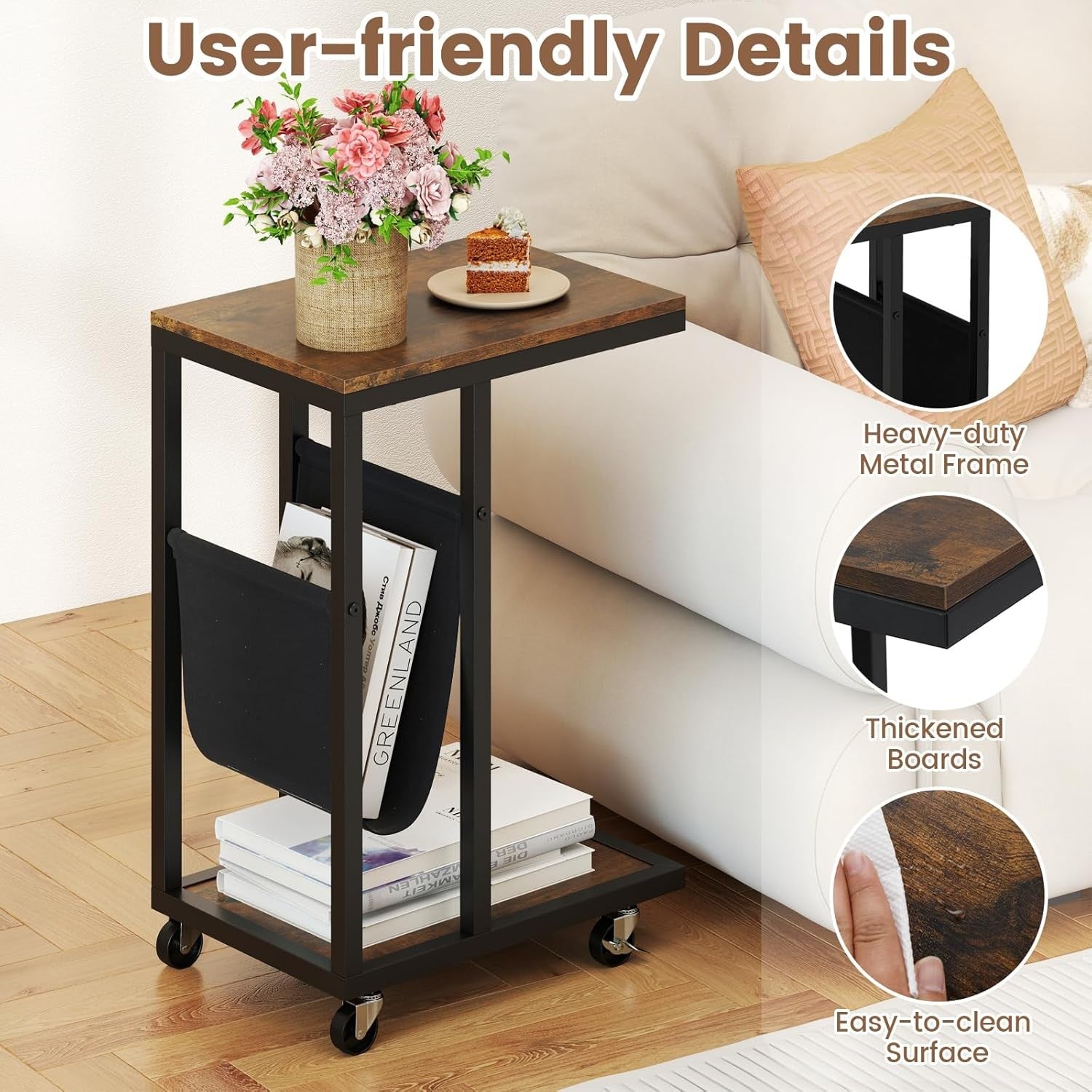 Rolling C-Shaped Side Table Rustic Brown | Sofa Laptop Table w/ Magazine Rack