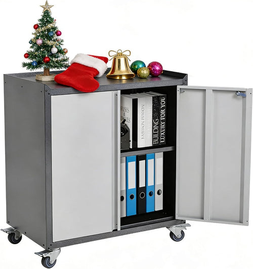 Lockable Metal Filing Cabinet on Wheels 2 Door Office Storage 90cm