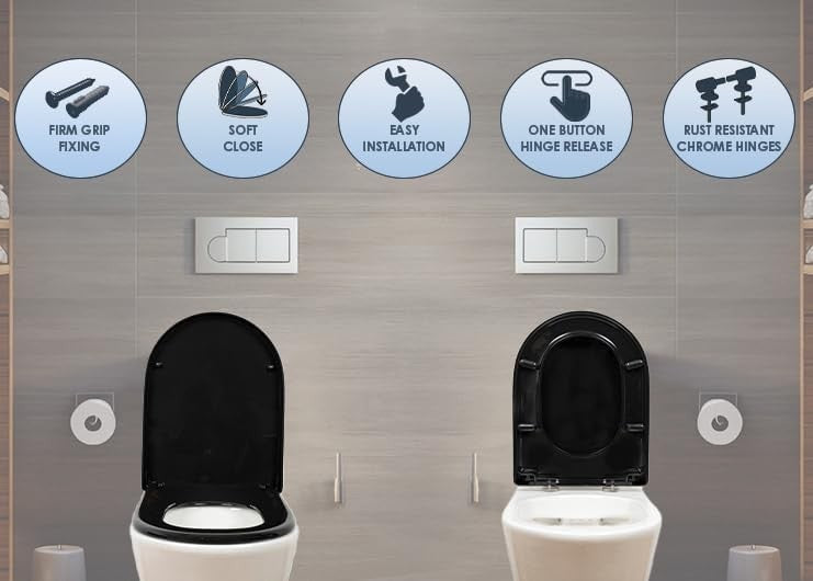 Black D-Shaped Toilet Seat Thermoplastic One Button Quick Release 45x36cm
