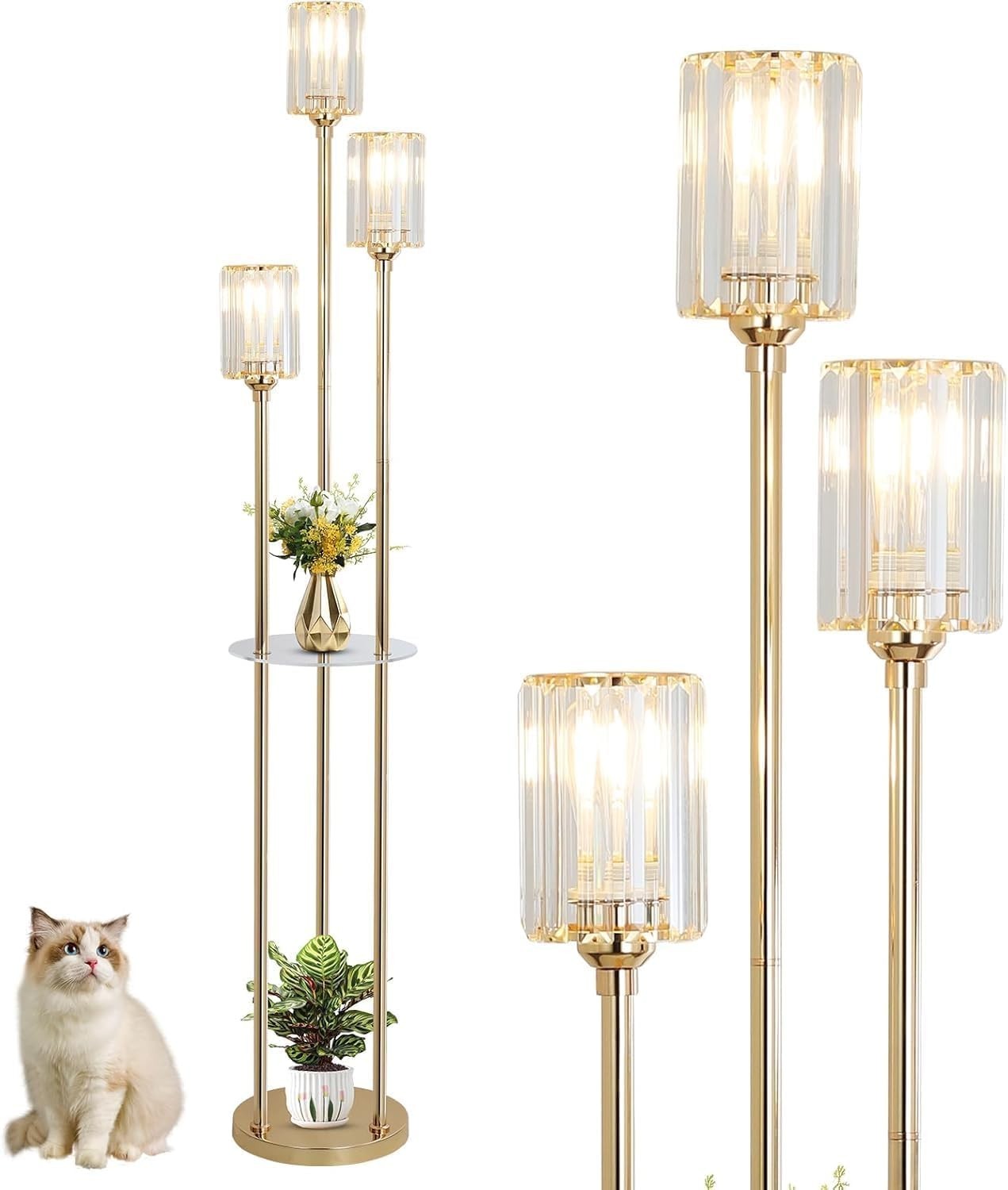 Modern 3-Light Floor Lamp with Glass Shades & Shelves – Living Room, Office