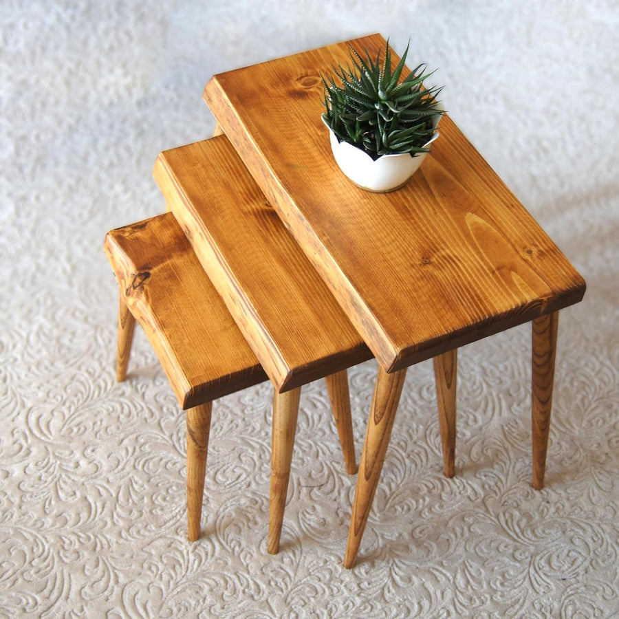 Nesting Coffee Side Tables Solid Teak Wood Set 3pcs Small Mid-Century Modern