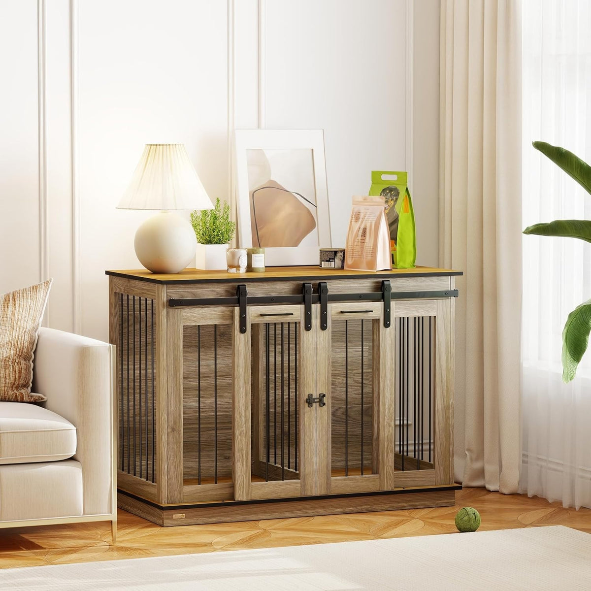 Large Oak Tone Dog Crate Furniture with Divider, Sliding Doors & Side Table