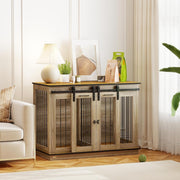Large Oak Tone Dog Crate Furniture with Divider, Sliding Doors & Side Table