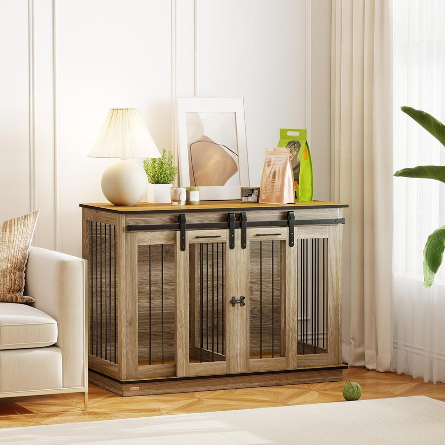 Large Oak Tone Dog Crate Furniture with Divider, Sliding Doors & Side Table