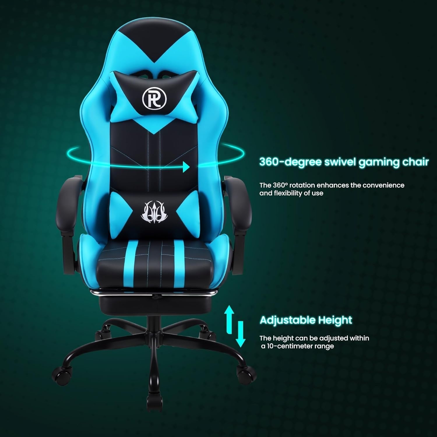 Ergonomic Gaming Chair Office Desk Chair Retractable Footrest Cyan PU Leather