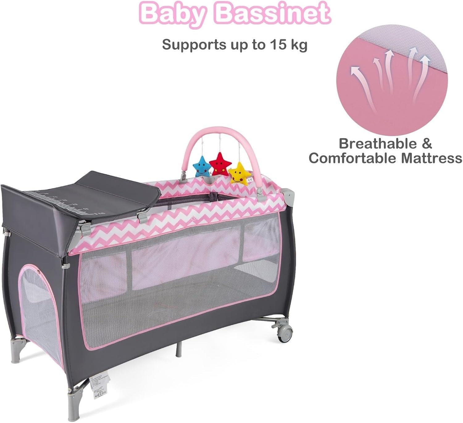 4in1 Baby Travel Cot Foldable Crib with Mattress, Changer & Storage Grey Pink