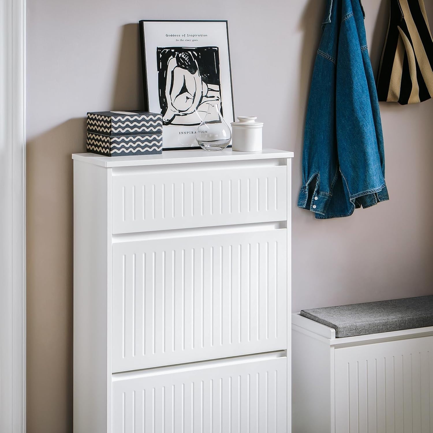 Slim Shoe Cabinet Storage Unit – 2 Flip Drawers, Pull-Out, Narrow Hallway Organi