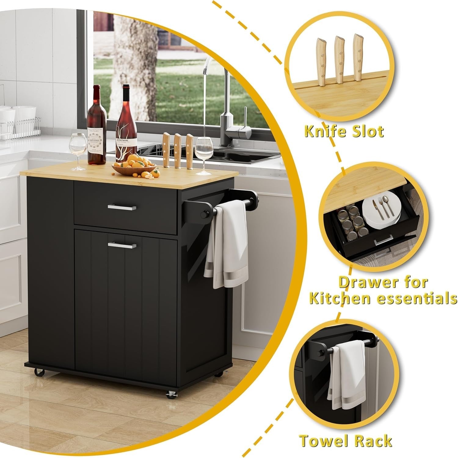 Black Rolling Kitchen Island with Tilt-Out Trash Bin, Spice Rack & Towel Bar