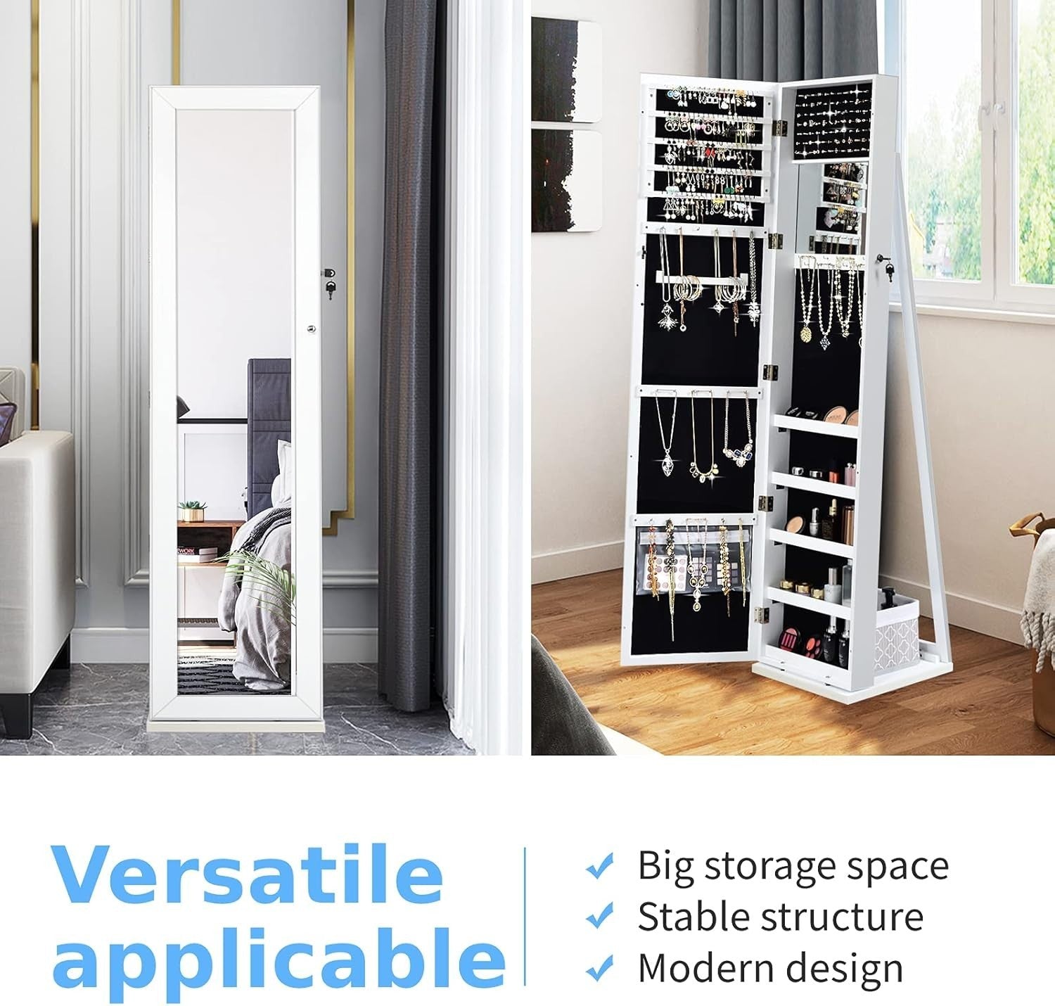 White Lockable Jewelry Cabinet Mirror 3-in-1 Freestanding Storage