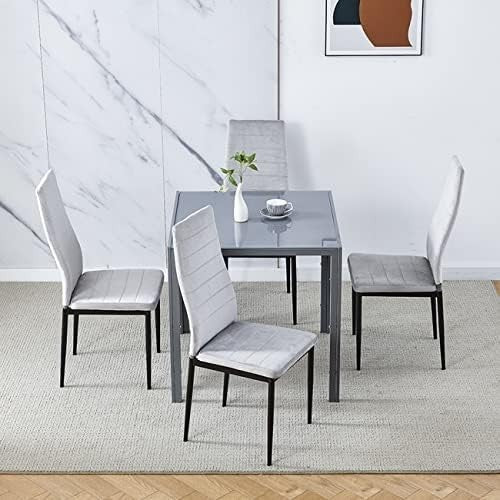 Square Glass Dining Table Set 4 Chairs Modern Space Saving Grey Flannel