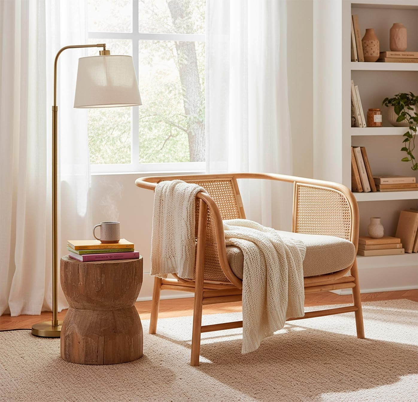 Rattan Accent Armchair with Boucle Cushion Indoor Lounge Chair Natural Cane