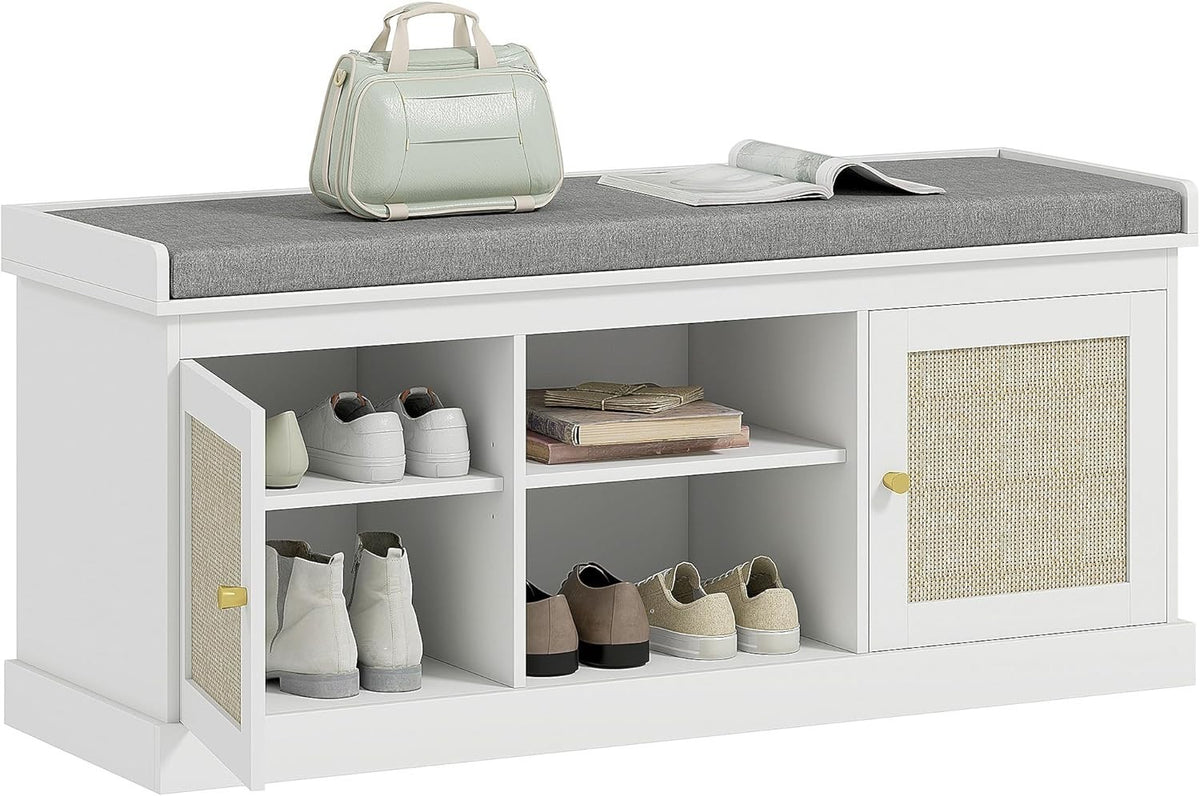 White Shoe Storage Bench with Cushion, Rattan Doors, 9 Pair Rack, Hallway Seat
