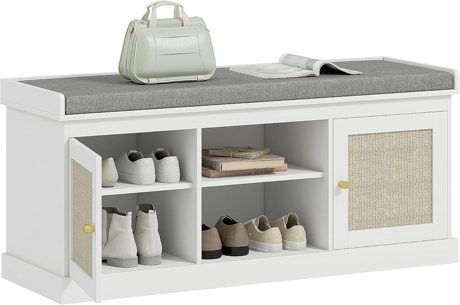 White Shoe Storage Bench with Cushion, Rattan Doors, 9 Pair Rack, Hallway Seat