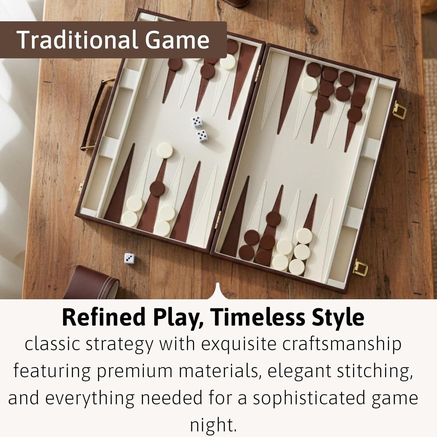 Luxury Backgammon Set 15 Inch Travel Board with Leather Case Dice Cups