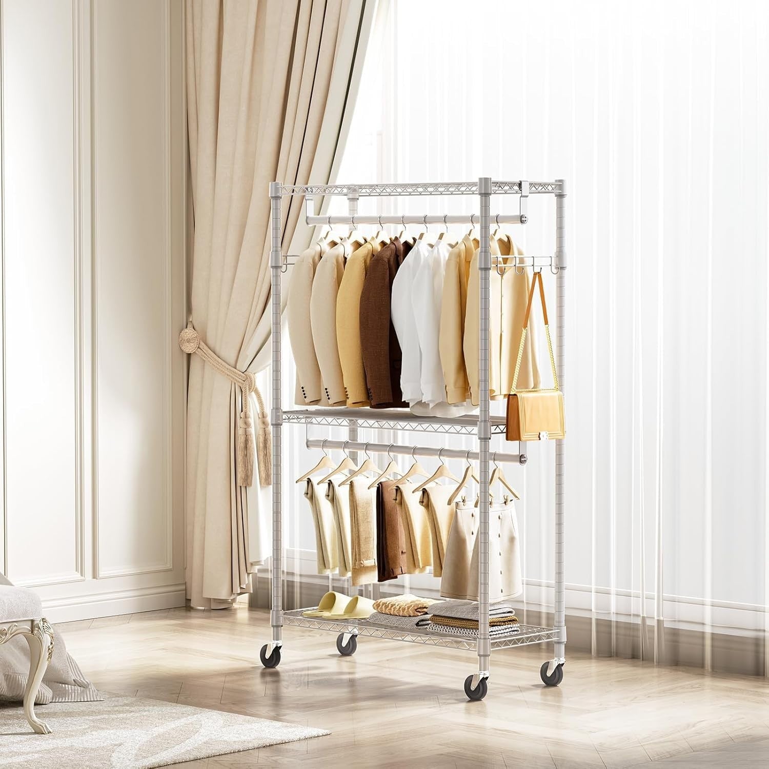 Heavy Duty White Garment Rack – 3 Tier, 2 Rods, 189cm with Wheels