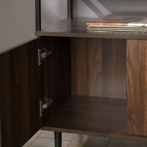 Modern Walnut Sideboard Cabinet w/ Glass Top Shelf & Hidden Storage