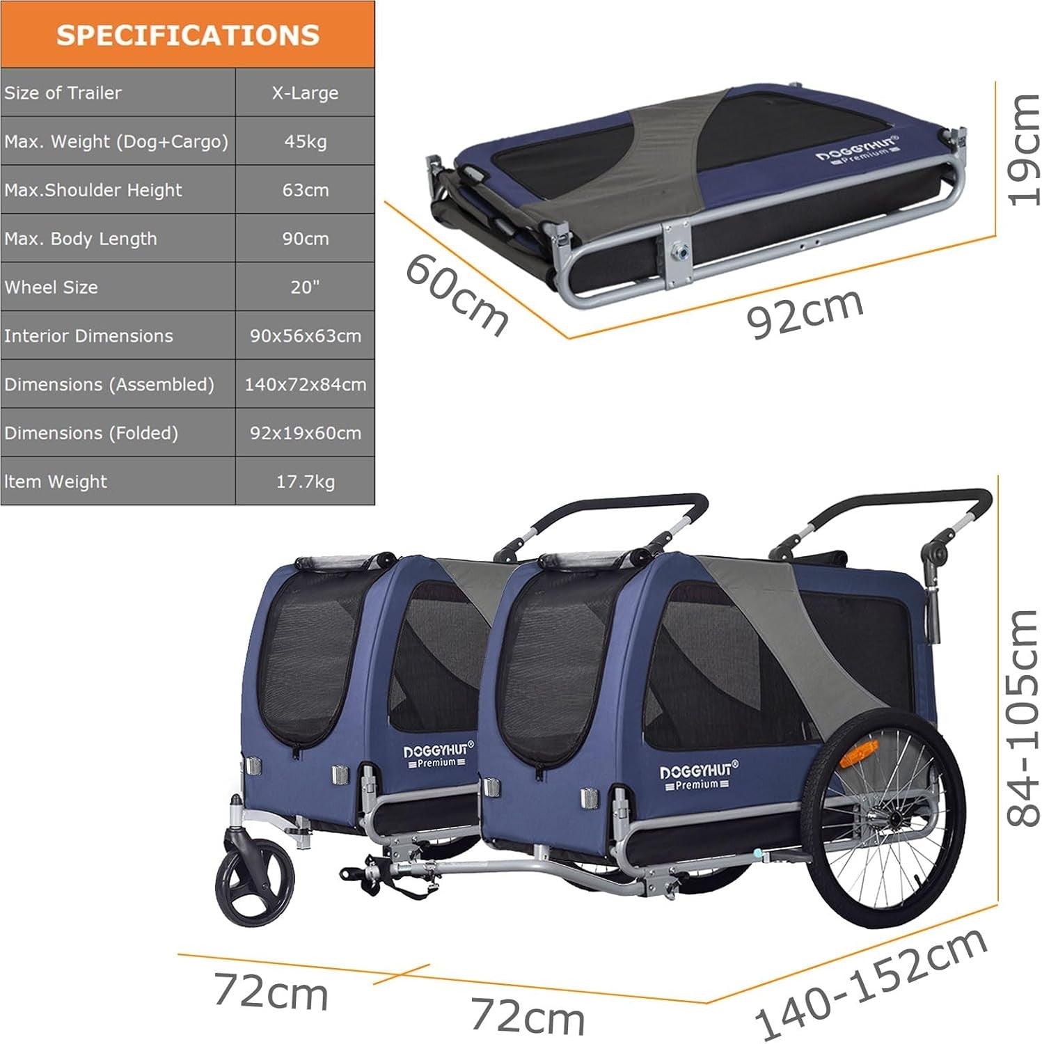 XL Dog Bike Trailer Stroller 45kg Heavy Duty Blue Black Pet Carrier