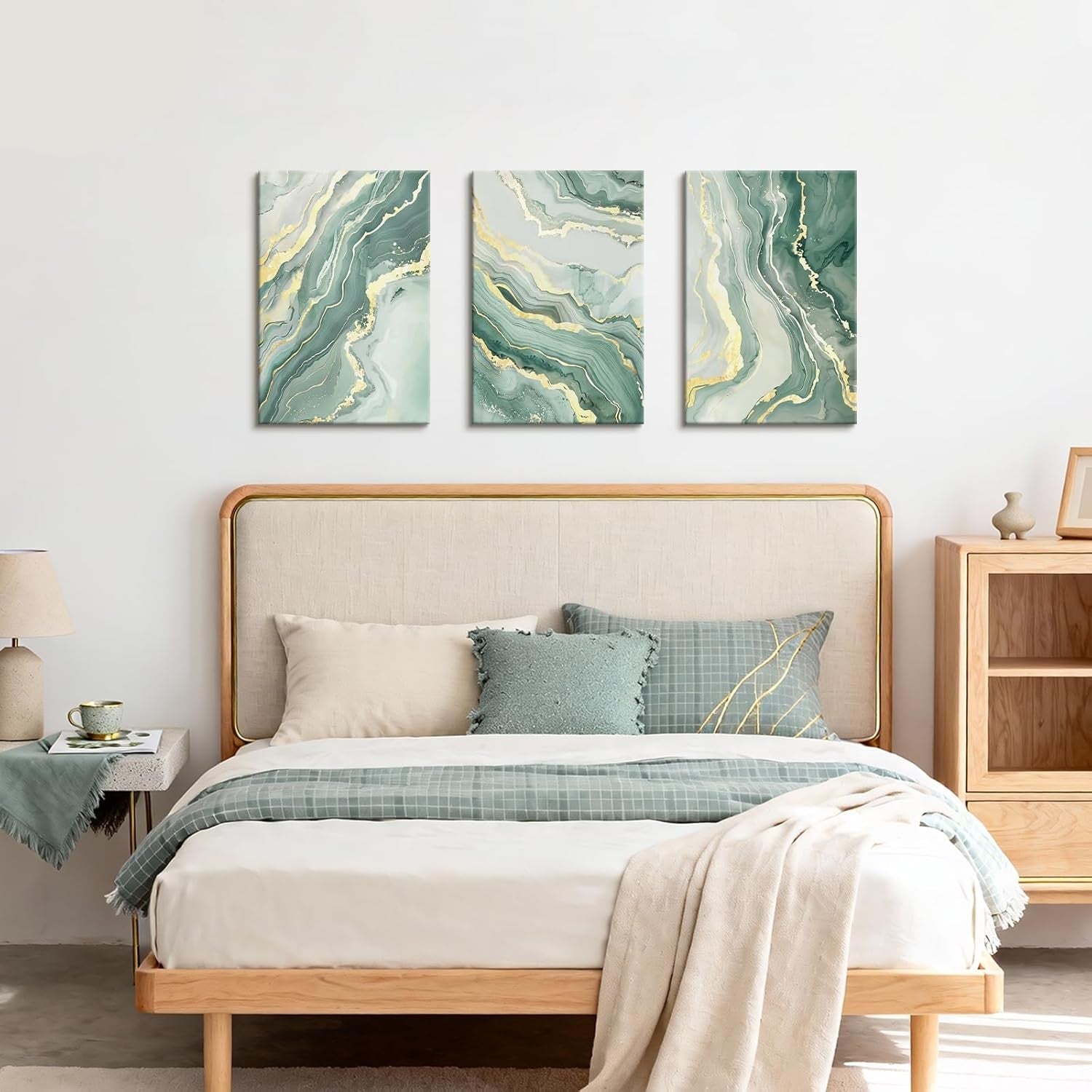 Sage Green Gold Abstract Canvas Wall Art Set 3 Modern 40x60cmx3