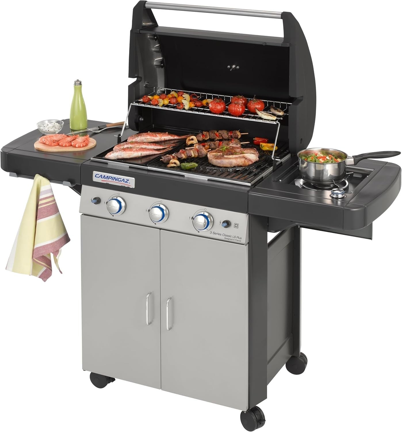 Premium 3-Burner Gas BBQ Grill with Side Burner, Cast Iron Grates