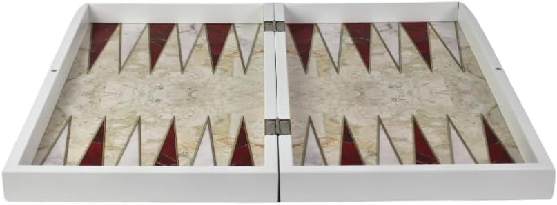 19 Inch Wooden Backgammon Set Red Marble Design Luxury Folding Board