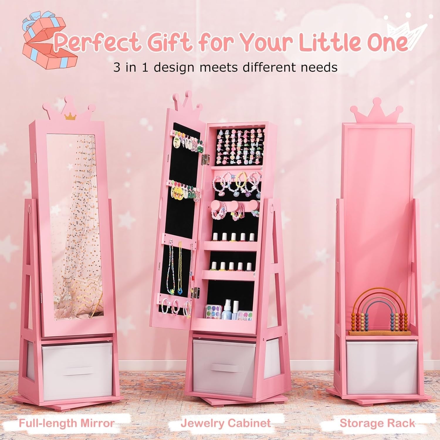Kids 360° Swivel Jewelry Cabinet Mirror Organizer with Anti Tip Base