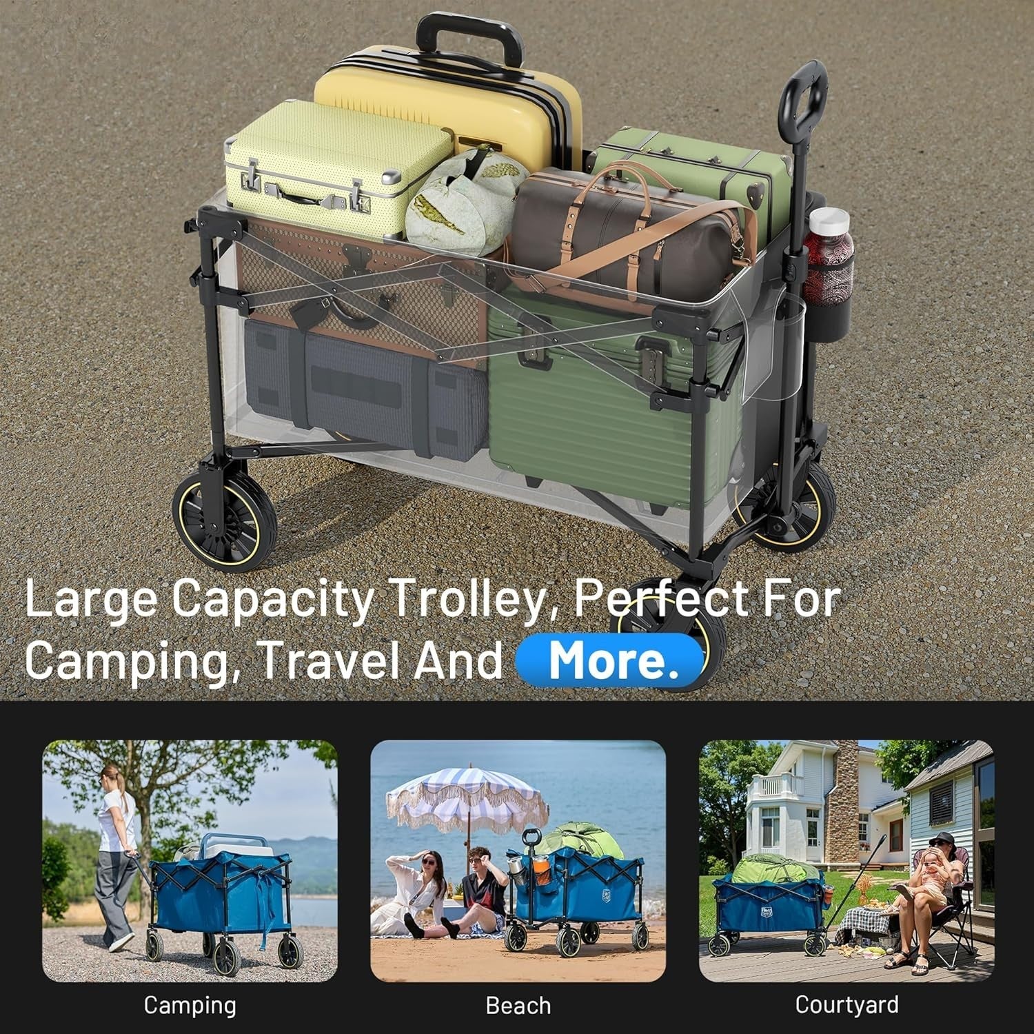200L Folding Camping Wagon 100kg Heavy Duty Festival Trolley with Handle Blue