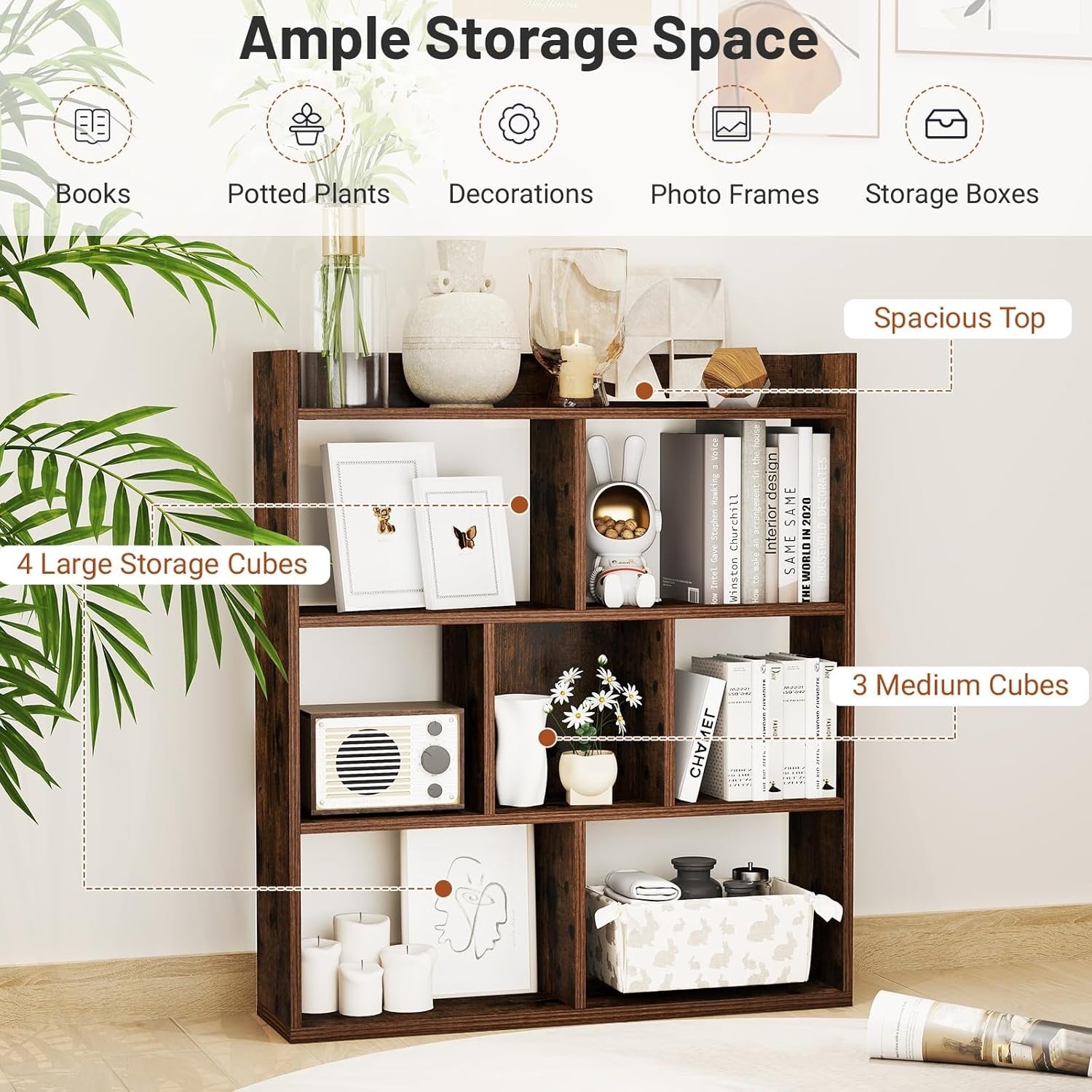 Coffee Brown 7-Cube Bookcase Tall Freestanding Storage Display Shelf 80×20×90cm
