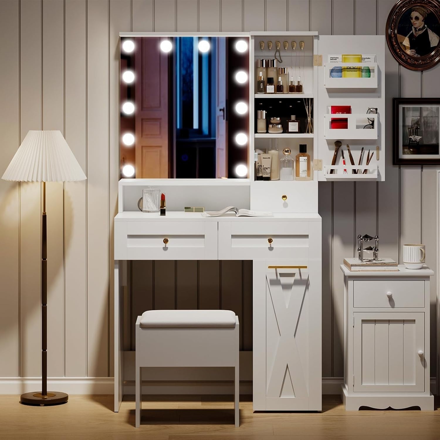 Vanity Table Desk Set w/ LED Mirror USB Ports Stool Drawers Mobile Cart White
