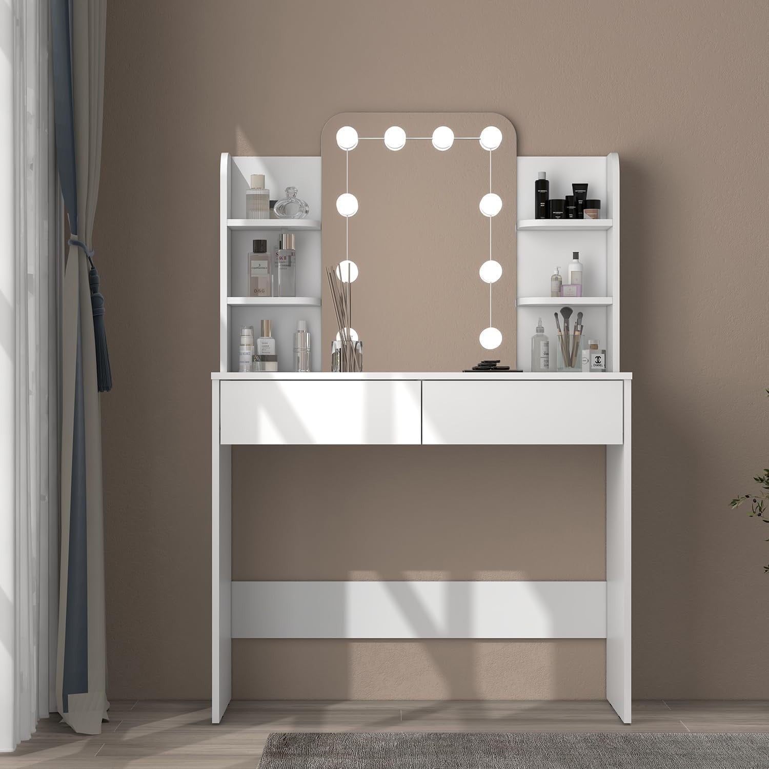 Hollywood LED Vanity Dressing Table Makeup Desk 2 Drawers Storage White Modern