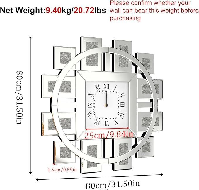 80cm Crushed Diamond Mirrored Wall Clock Luxury Large Silent Roman Decor