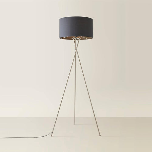 Brushed Chrome Tripod Floor Lamp Dark Grey Shade Modern Standing Light E27