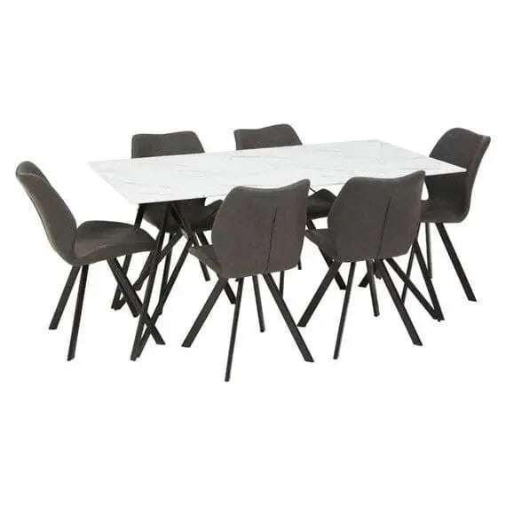 6 Seat Grey Dining Set | White Marble Table & Upholstered Chairs Modern