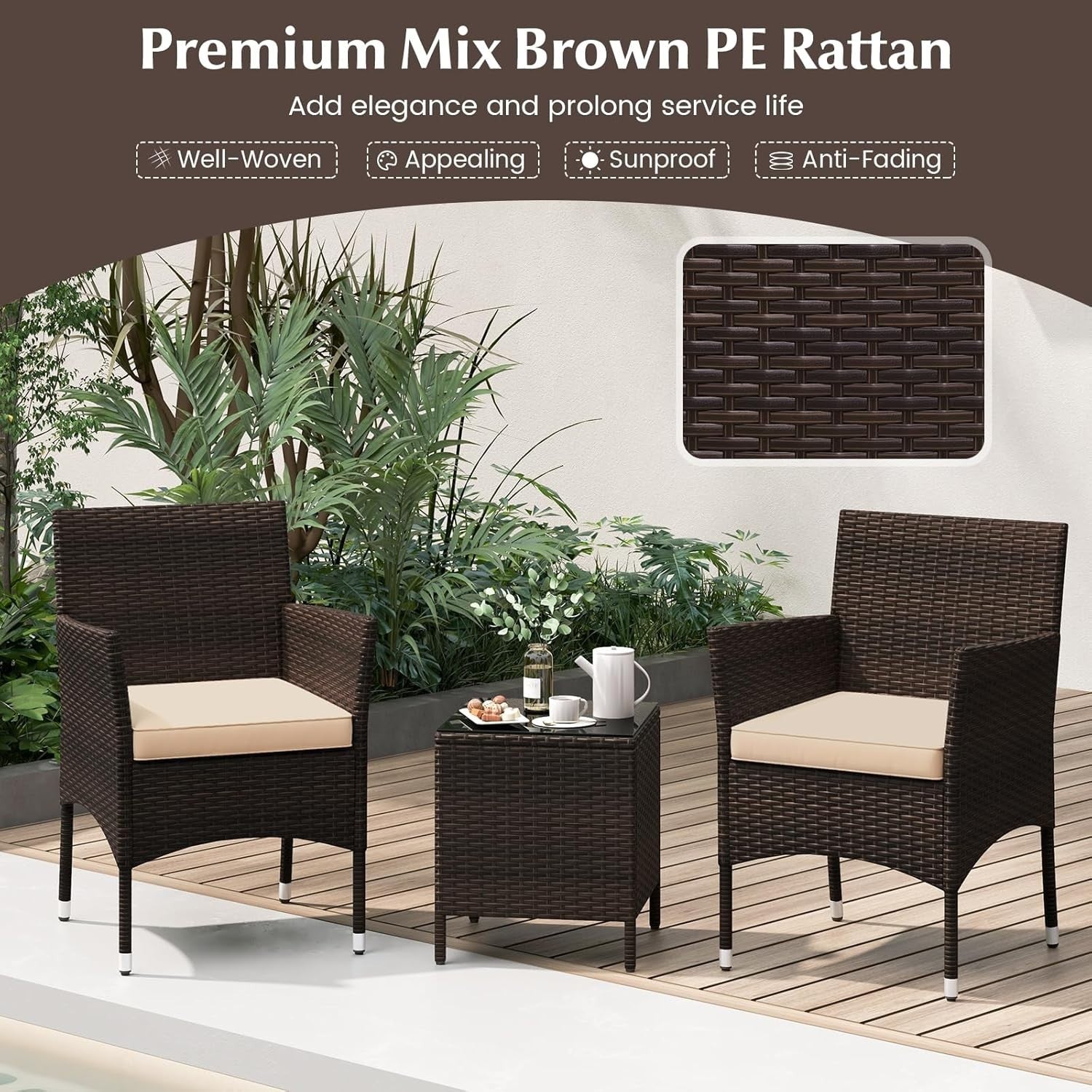 3PC Rattan Bistro Set Outdoor Patio Chairs with Table Cushioned Garden Set