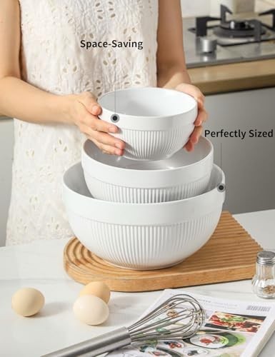 White Ceramic Mixing Bowls Set of 3 – Microwave & Dishwasher Safe, Nesting