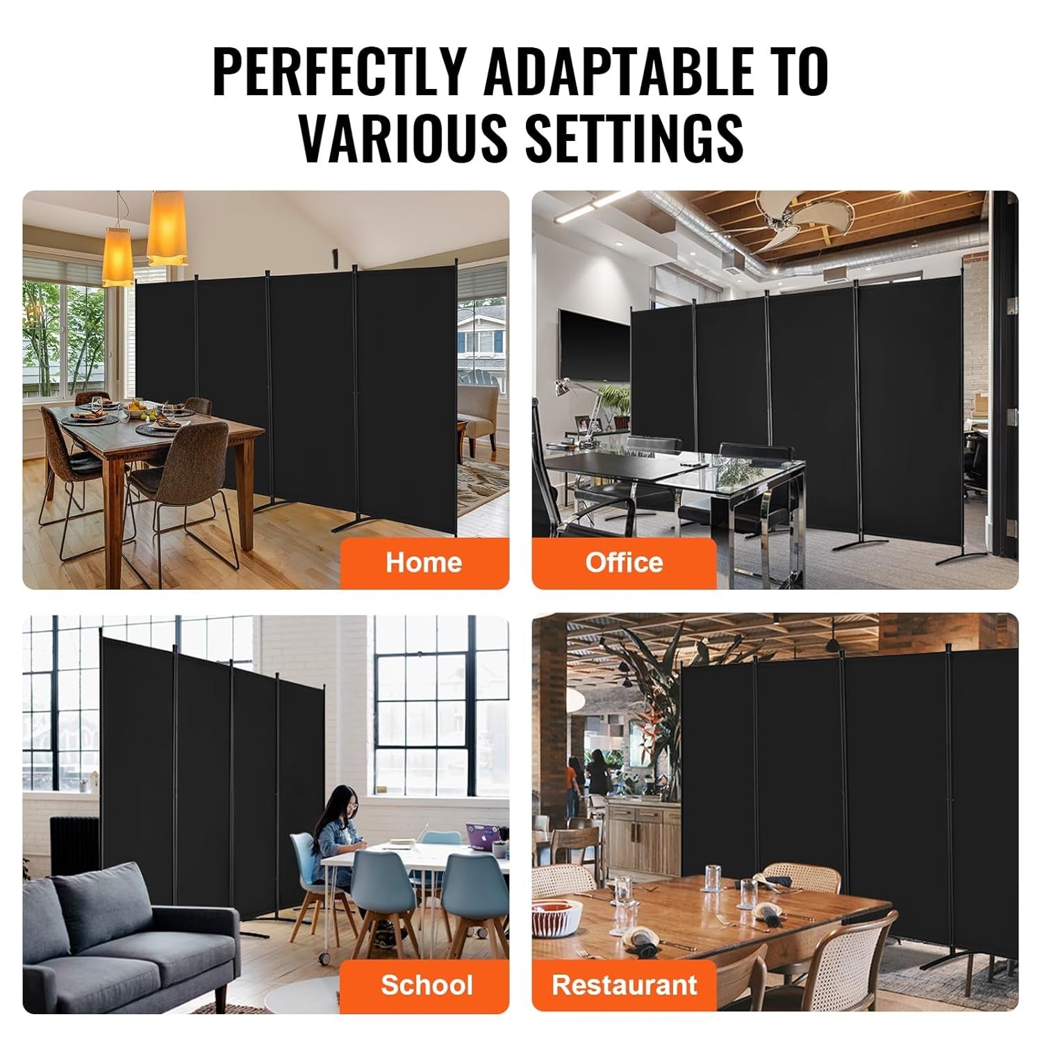 4 Panel Black Folding Room Divider Privacy Screen Freestanding 364x184cm