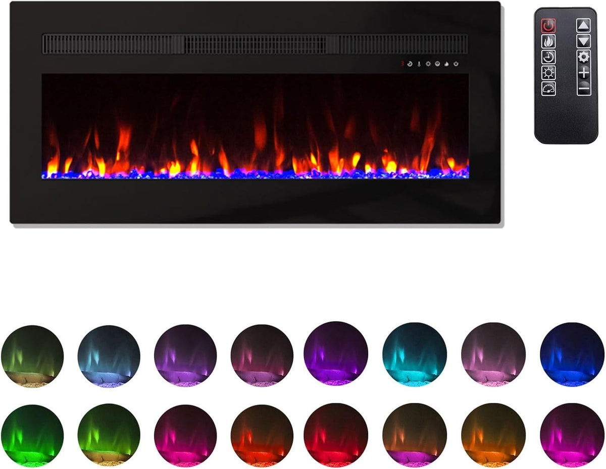 60" Electric Insert Fireplace LED Flames 12 Colors Wall Mount Recessed