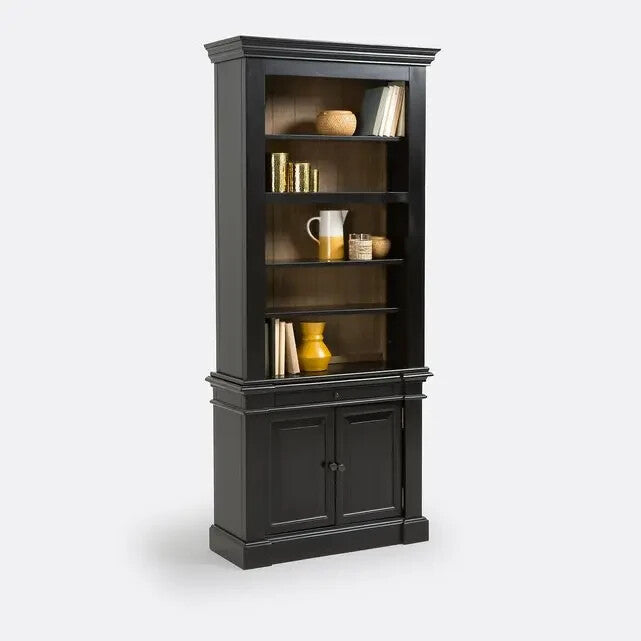 Black Solid Pine Display Cabinet with Shelves & Doors 89x200x33cm