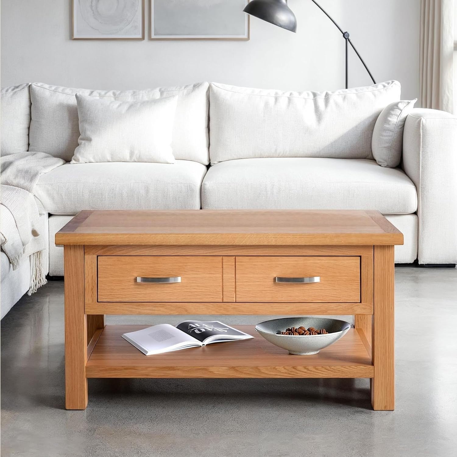 Solid Oak Coffee Table with Drawer & Shelf | Rustic Wood | 85x55cm Living Room