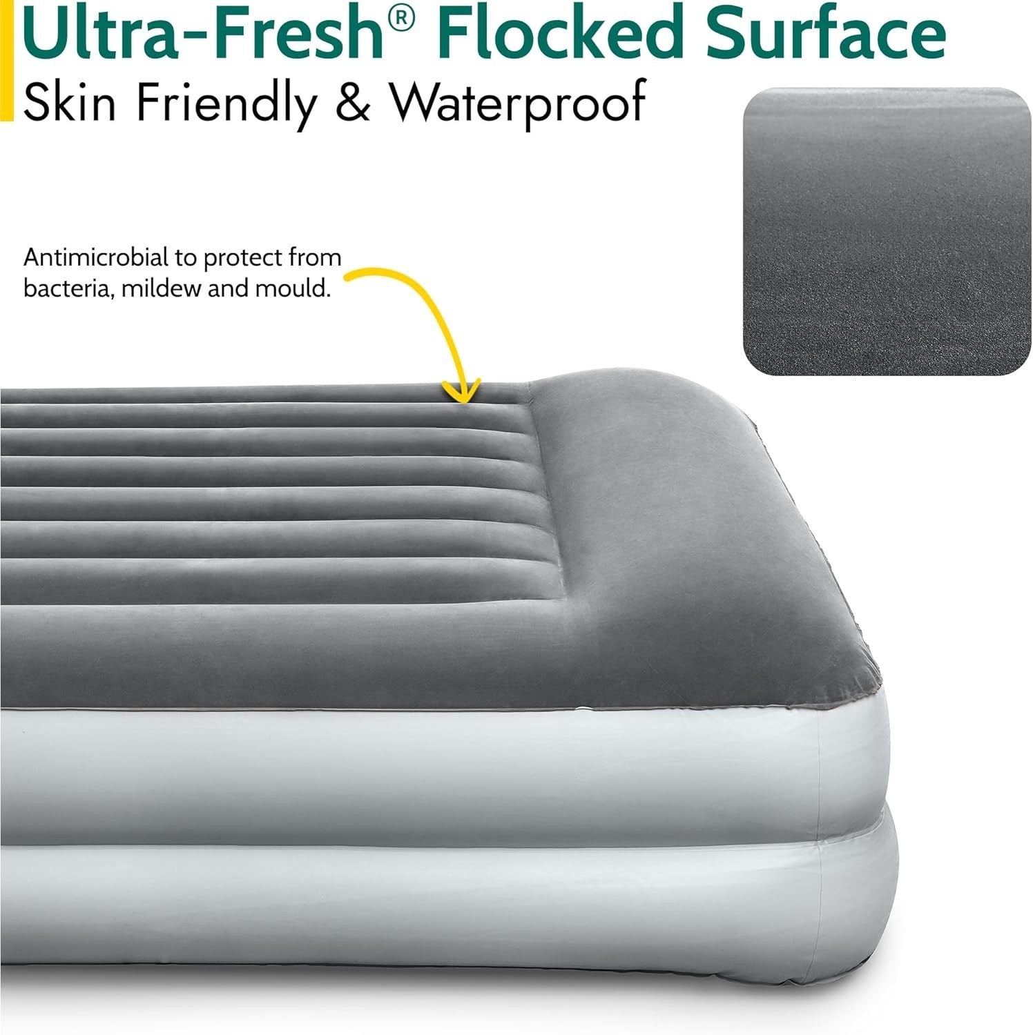 Double Air Bed with Built-In Pump & Pillow, Waterproof Flocked 2-Person Mattress