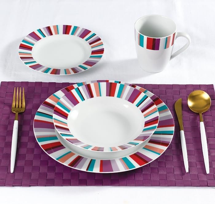 24 Piece Porcelain Dinner Set Plates Bowls Mugs Colourful Dishwasher Safe