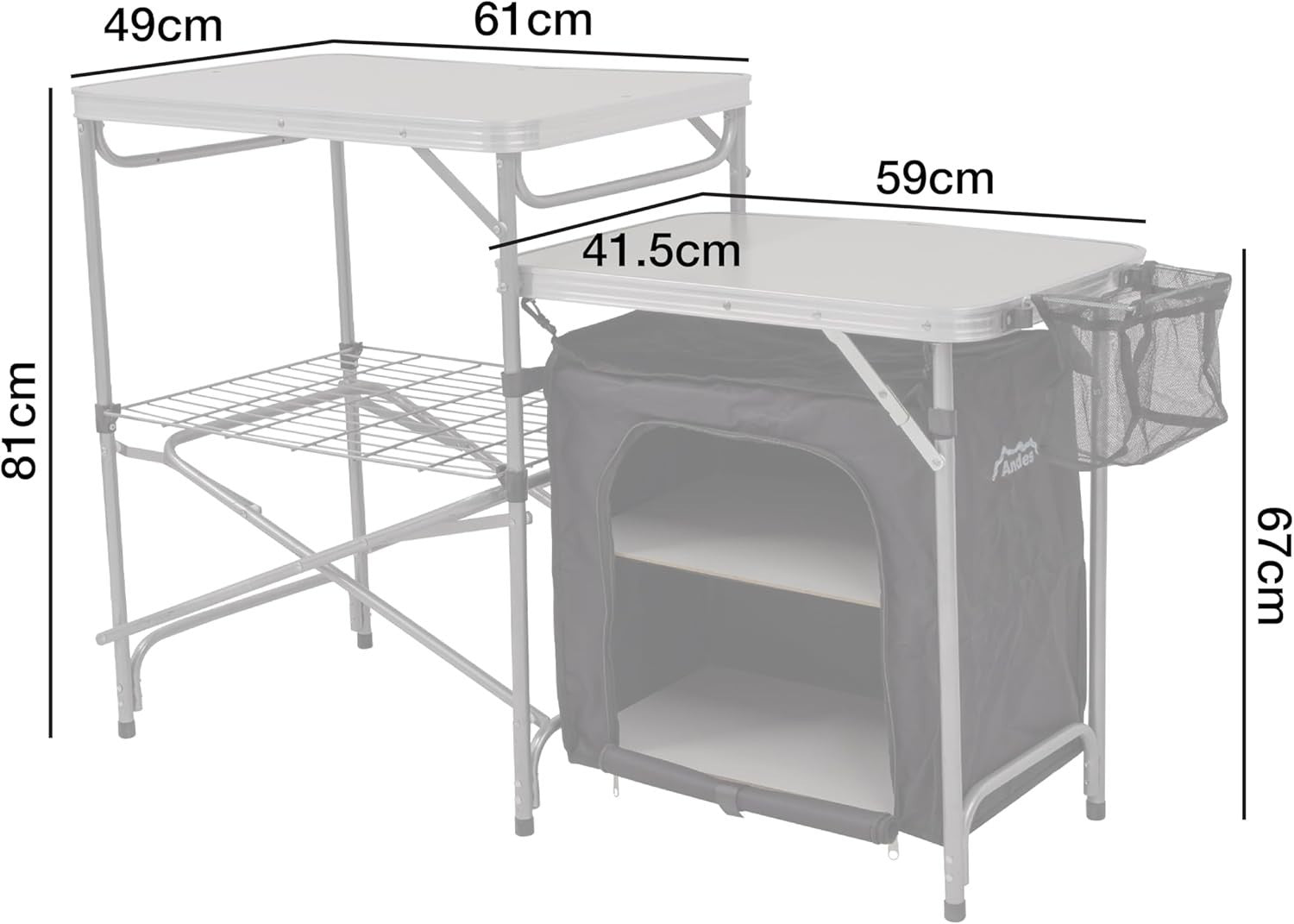 Camping Kitchen Worktop Table Foldable Aluminium Outdoor Stand with Cupboard