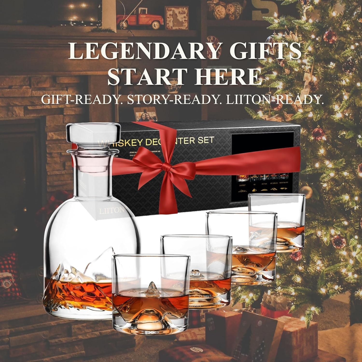 Premium Mountain Peaks Whiskey Decanter Set 1000ml + 4 Freeze-Chill Glasses
