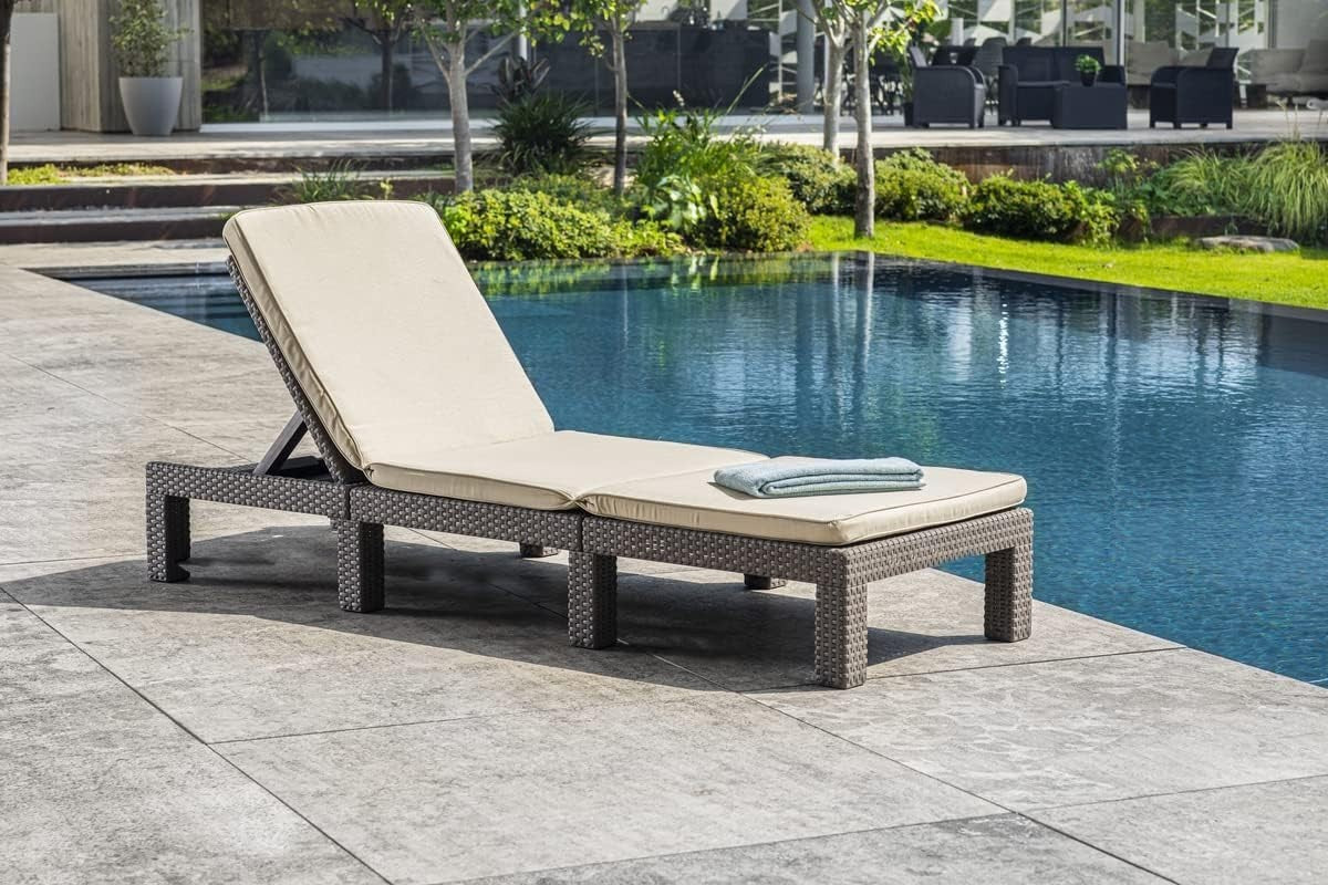 Rattan Effect Reclining Sun Lounger with Cushion Cappuccino 4-Position Chair
